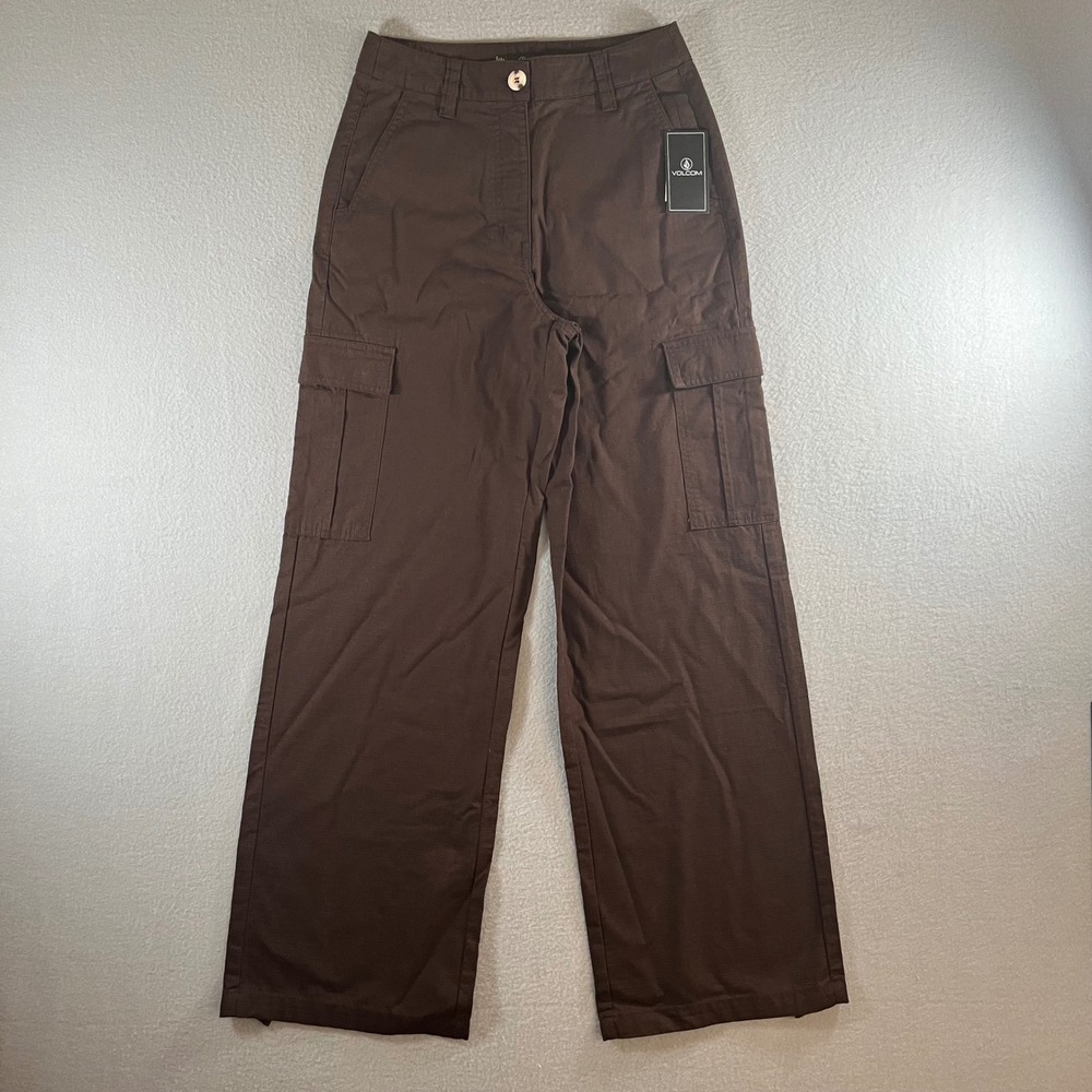 NWT women Volcom Cargstone Pants Brown Ripstop Wide Leg Cargo Trousers Size 24
